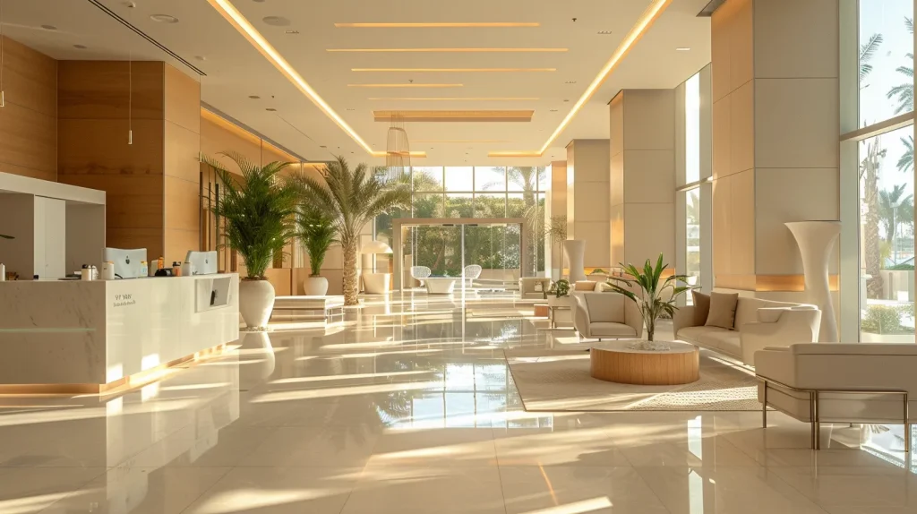 a serene healthcare setting in dubai, featuring a modern clinic with bright, welcoming light, emphasizing the vital theme of regular health check-ups through a well-organized testing room that conveys a sense of safety and professionalism.