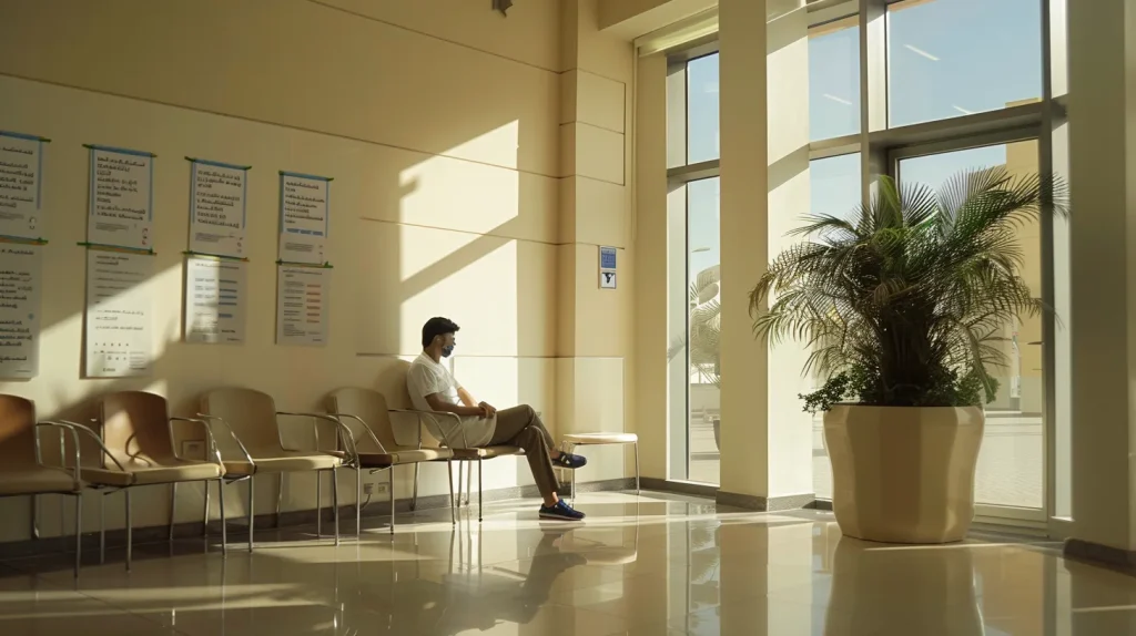 a serene, sunlit clinic in dubai, featuring a thoughtful individual contemplating their health while surrounded by informational posters on uncommon std symptoms, emphasizing awareness and early detection.