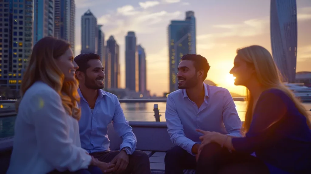 a vibrant scene at dubai marina showcases a diverse group of individuals thoughtfully discussing affordable std testing options, with the luxurious skyline of dubai serving as a striking backdrop under soft sunset lighting.