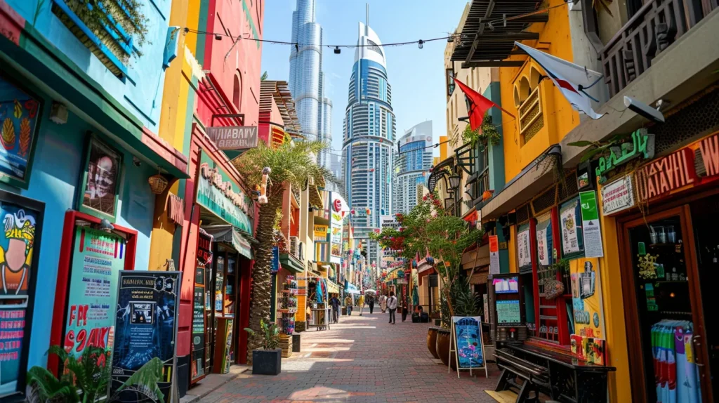 a vibrant street in dubai showcases a blend of modern lifestyle and cultural influences, where health-awareness posters about stds are prominently displayed against a backdrop of towering skyscrapers under a bright, clear sky.