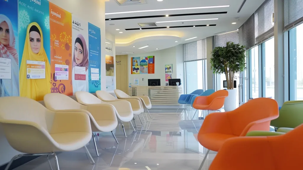 a vibrant, well-lit clinic waiting area in dubai, featuring modern design elements and informational posters promoting std awareness and health resources, inviting individuals to seek support and education on sexual health.