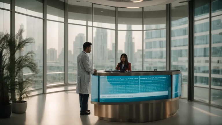 a vibrant, illuminated scene of a healthcare professional in a modern dubai clinic, examining a chart that highlights uncommon std signs, set against a backdrop of sleek architecture and rich cultural motifs.